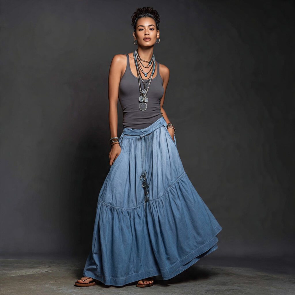 a_woman_wearing_a_long_denim_skirt