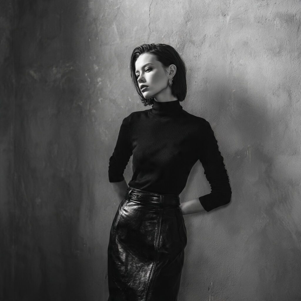 all_black_monochrome_outfit_with_leather_skirt_matching