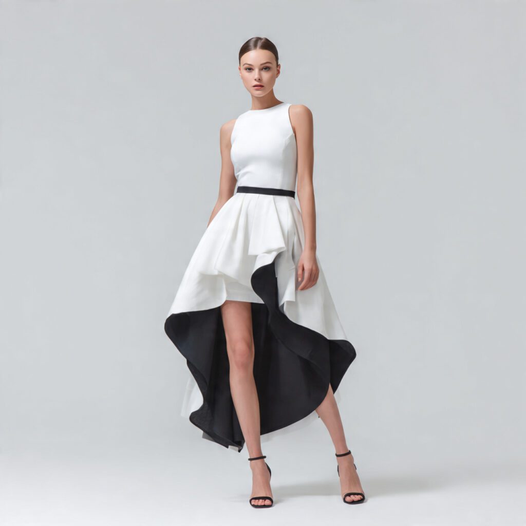 asymmetrical_hem_skirt_with_simple_top_heels