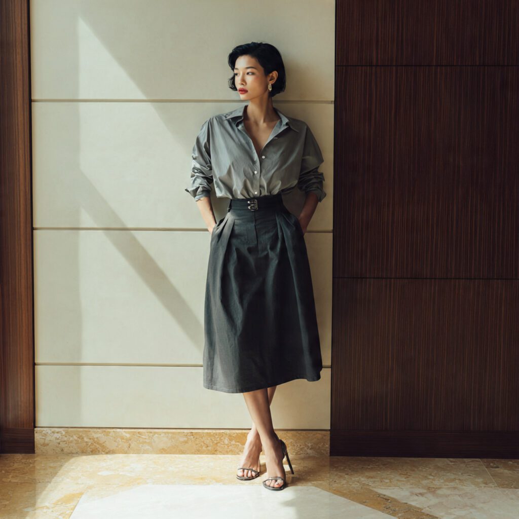 button_down_shirt_tucked_into_a_midi_skirt