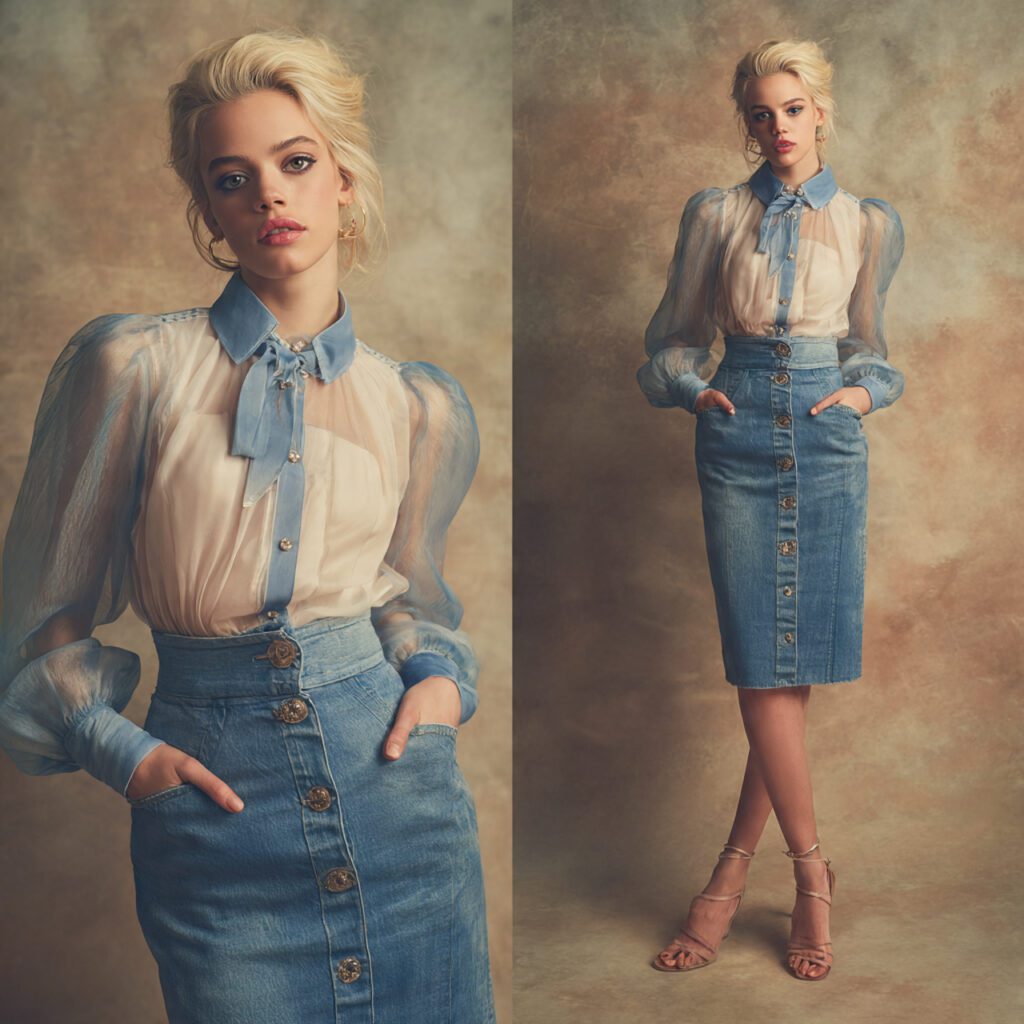 button_front_denim_skirt_silk_chiffon_blouse_tucked_in