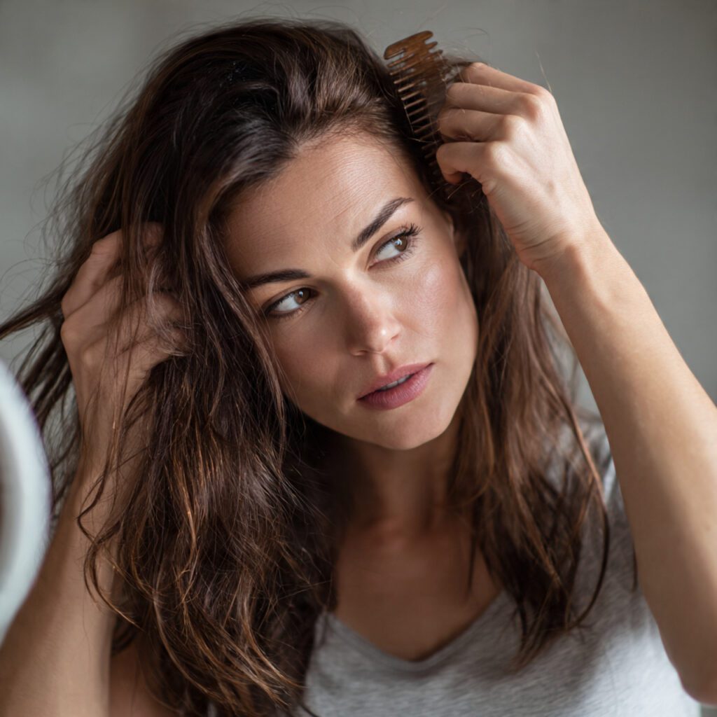 concerned_woman_examining_thin_hair_in_mirror