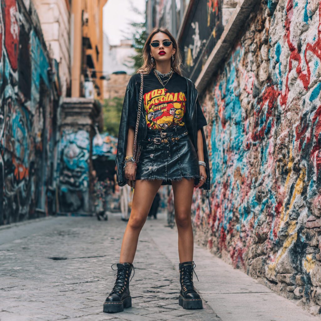 distressed_denim_mini_skirt_bold_graphic_tee