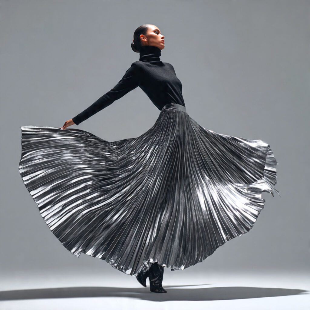 flowing_metallic_pleated_skirt_fitted_turtleneck_movement