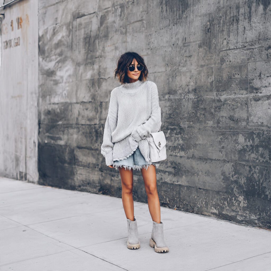 frayed_hem_denim_skirt_oversized_sweater_front_tucked_ankle