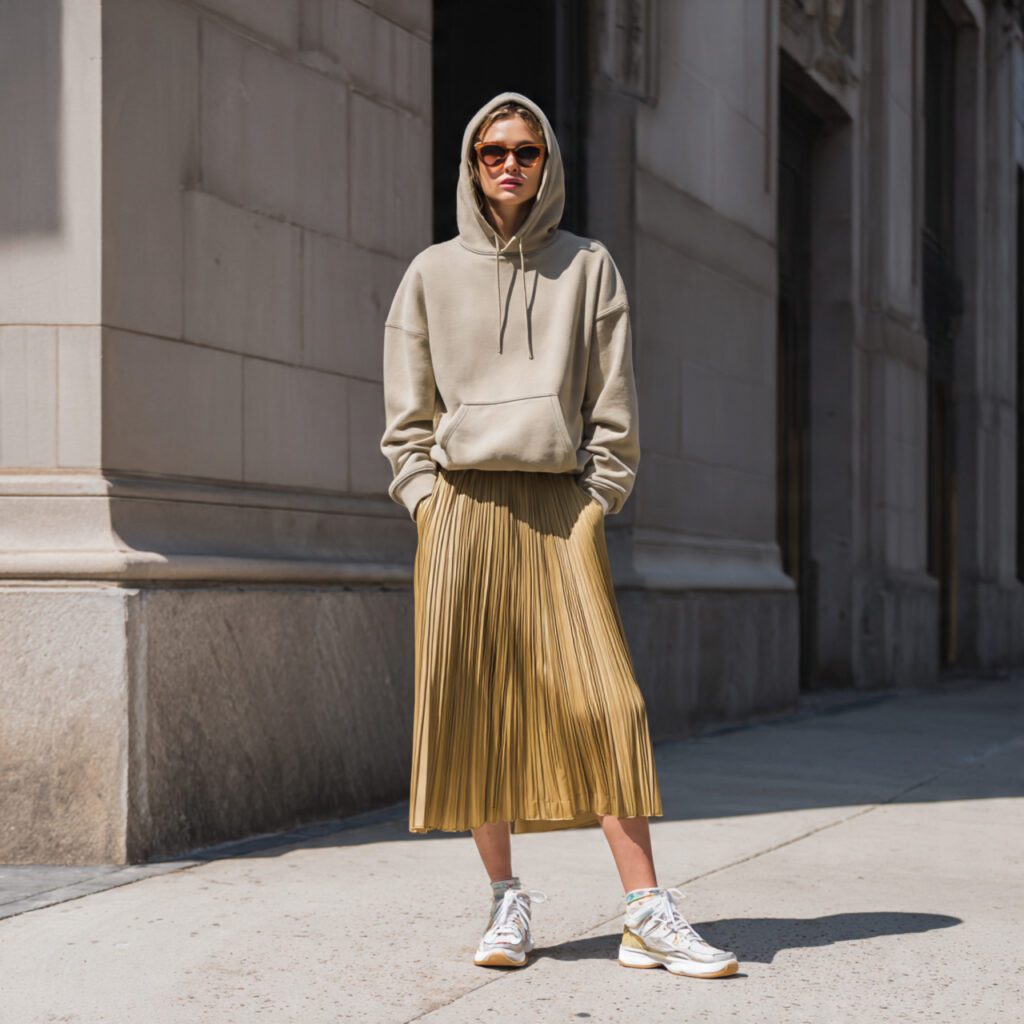 gigi_hadid_inspired_pleated_midi_skirt_casual_sneakers