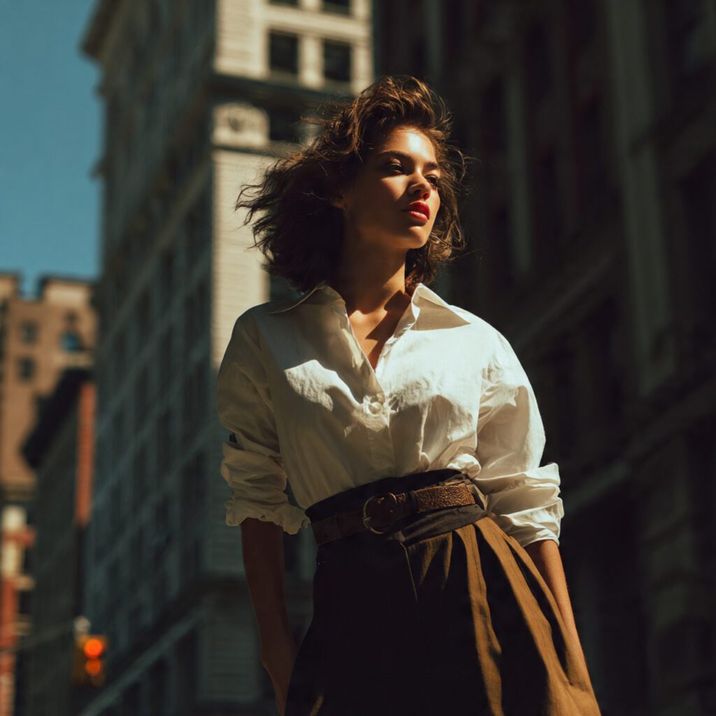 high_waisted_skirt_with_belt_detail_tucked_blouse