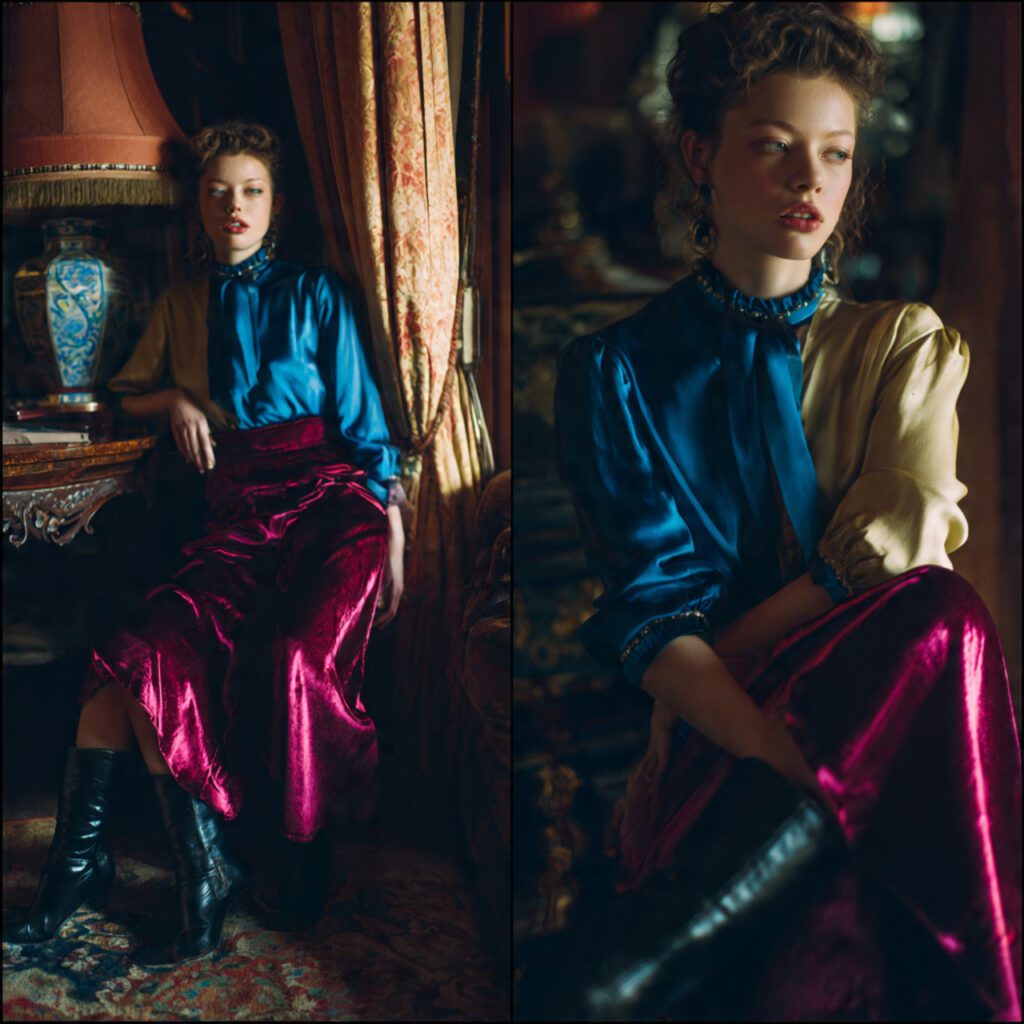 jewel_tone_velvet_skirt_satin_blouse_boots_luxurious