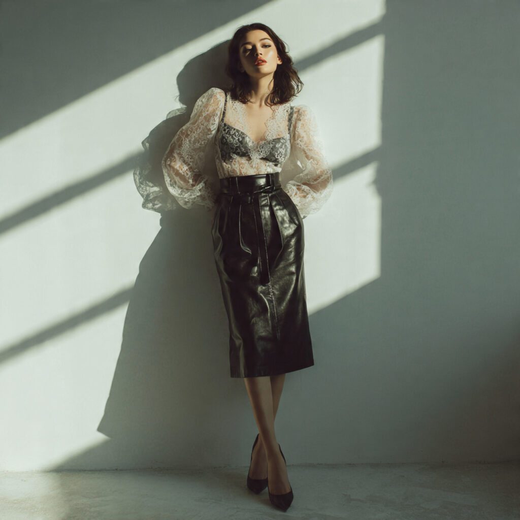 leather_skirt_styled_with_delicate_lace_blouse