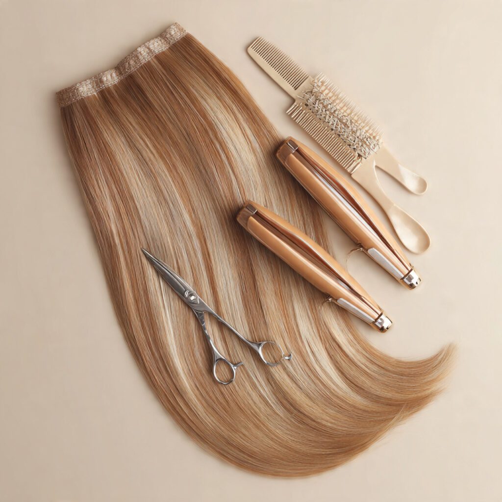 lightweight_clip_in_extensions_laid_beside_hair_tools