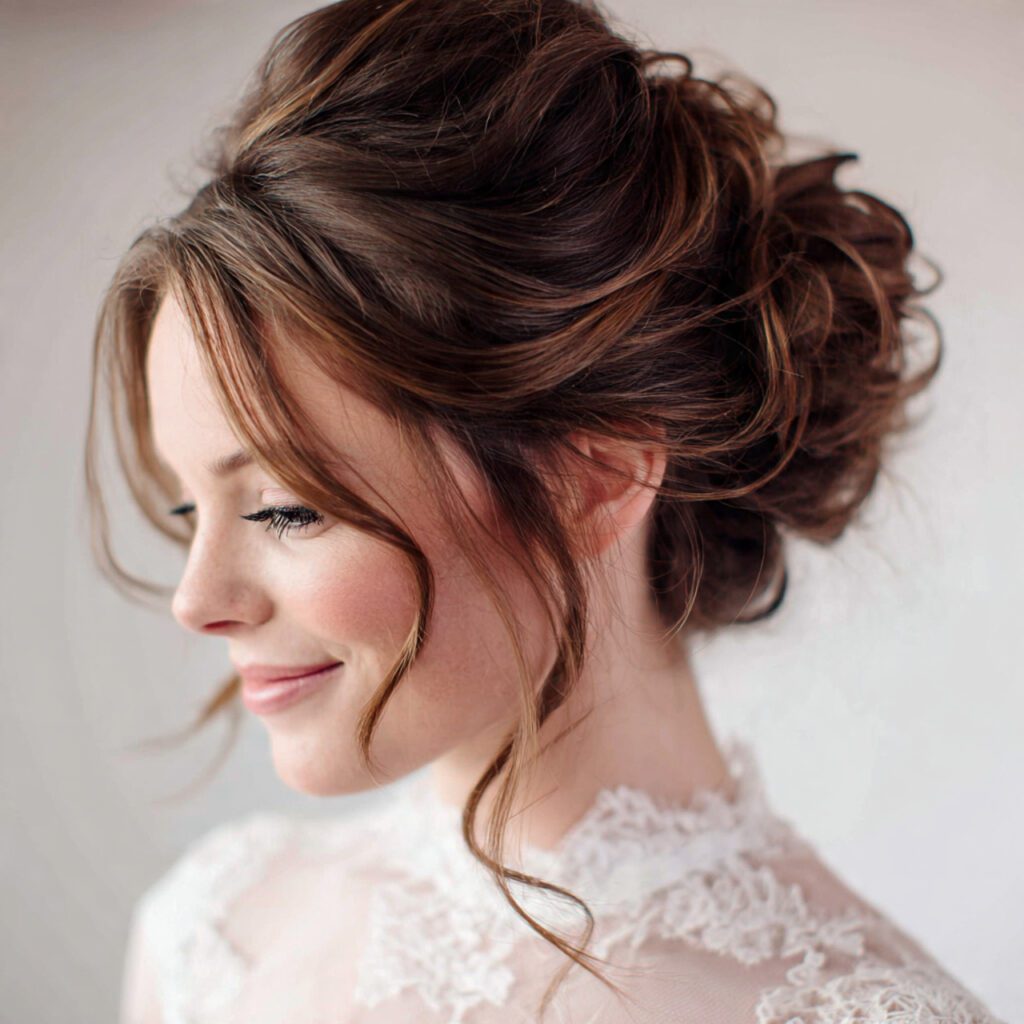 Loose Bun with Tendrils for Round Faces