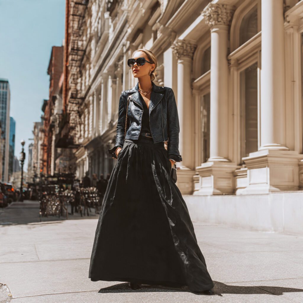 maxi_skirt_styled_with_layering_jacket_denim_leather