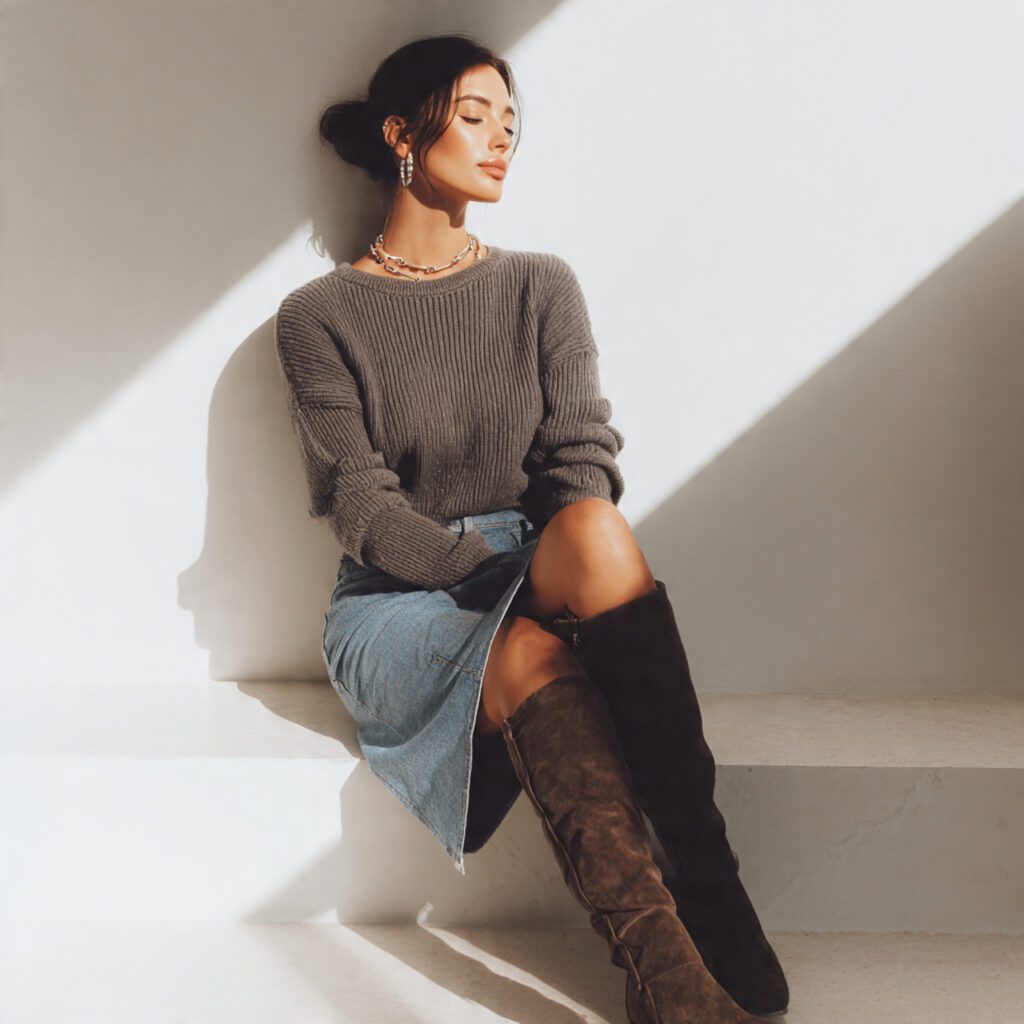 midi_denim_skirt_ribbed_fitted_sweater_tucked