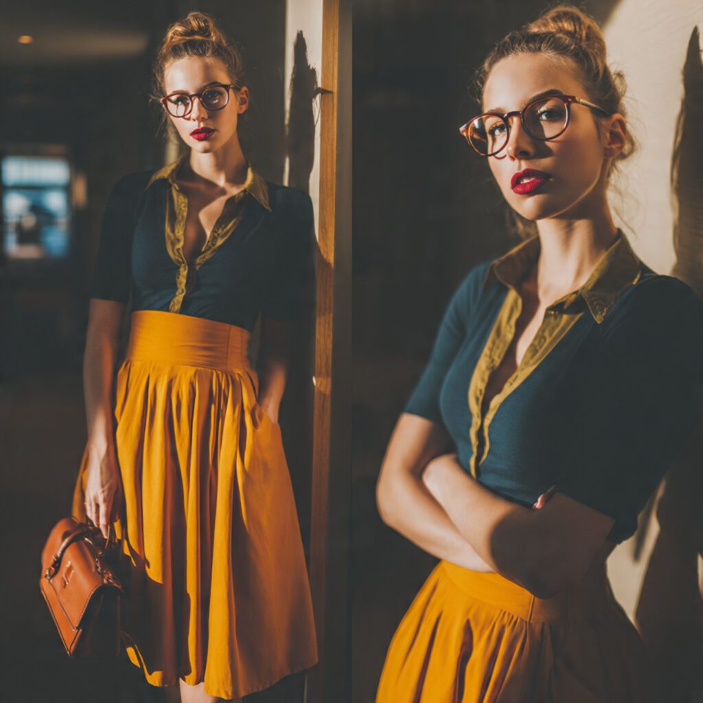 ochre_mustard_yellow_skirt_vintage_inspired_tone_navy_or