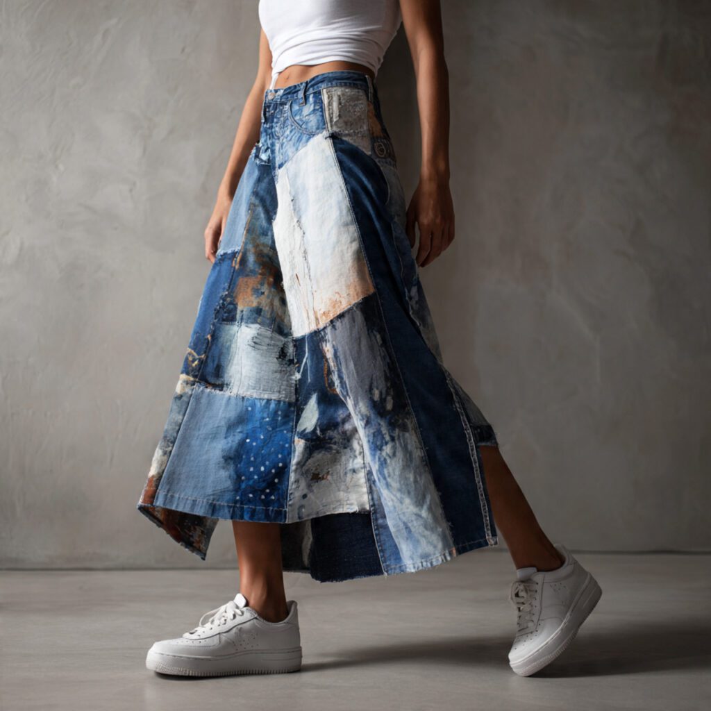 patchwork_denim_skirt_simple_tank_top_artistic