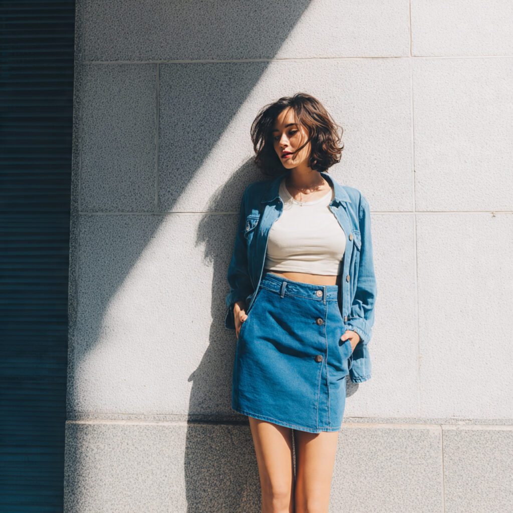 petite_woman_in_high_waisted_denim_skirt_above