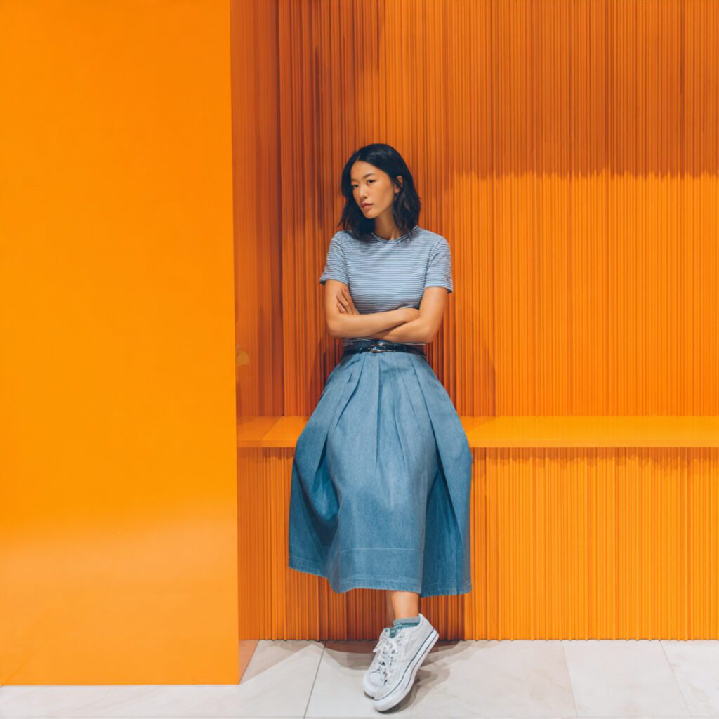 pleated_denim_skirt_fitted_tee_or_cropped