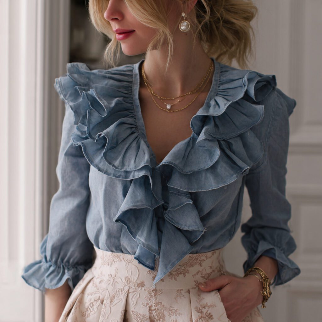 ruffled_denim_skirt_ruffle_detail_blouse_romantic_feminine