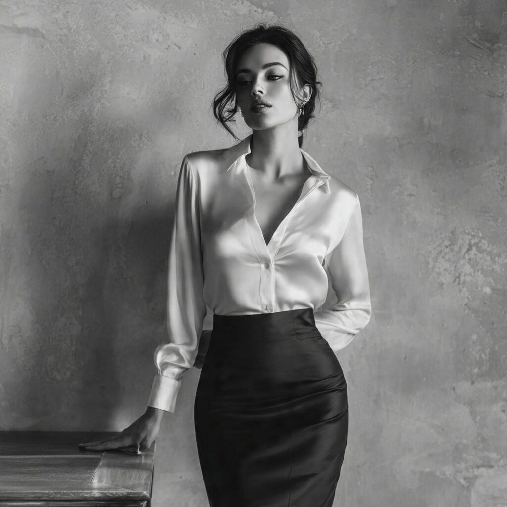 satin_blouse_tucked_into_sleek_pencil_skirt