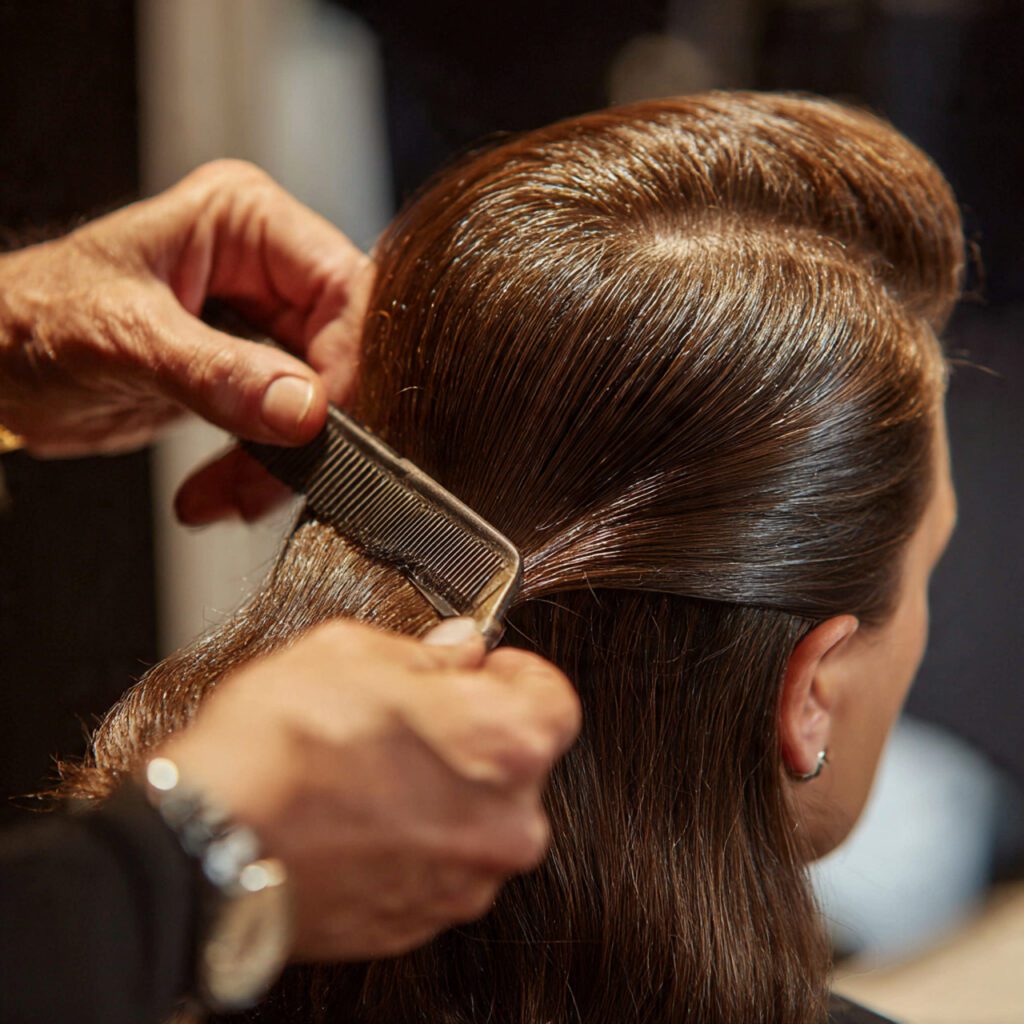 stylist_gently_teasing_hair_at_the_crown