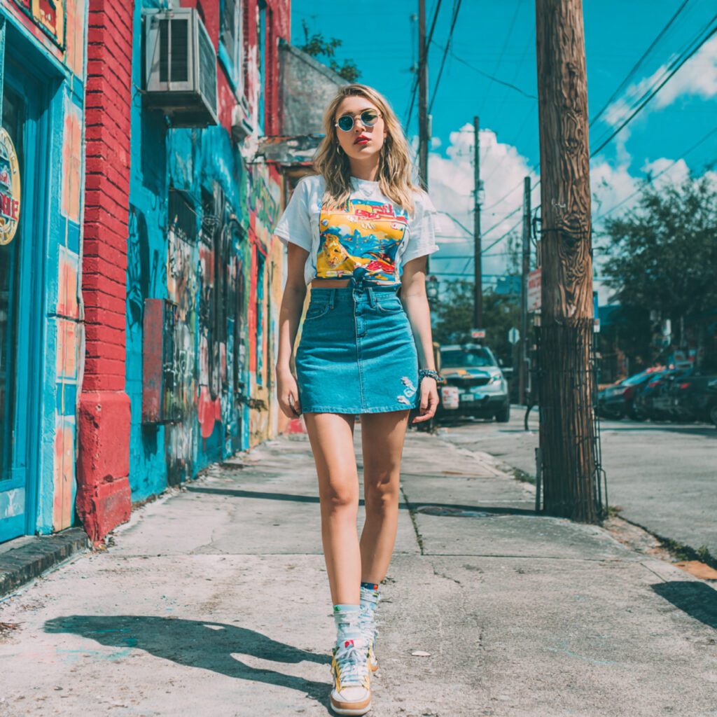 trendy_graphic_tee_tucked_into_denim_skirt
