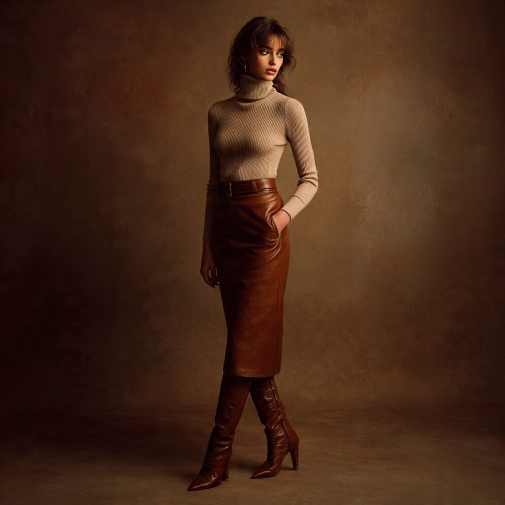 woman_wearing_fitted_turtleneck_tucked_into_midi