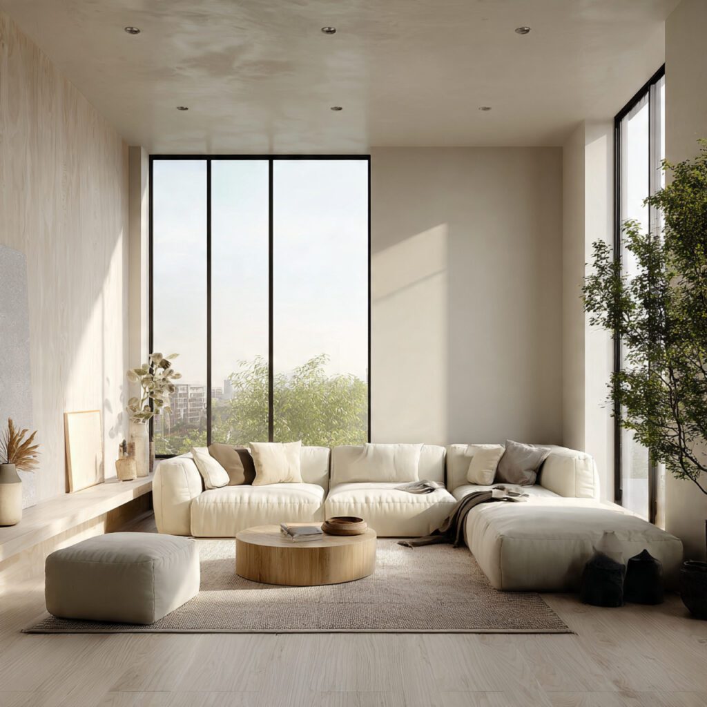a minimalist living room with beige walls