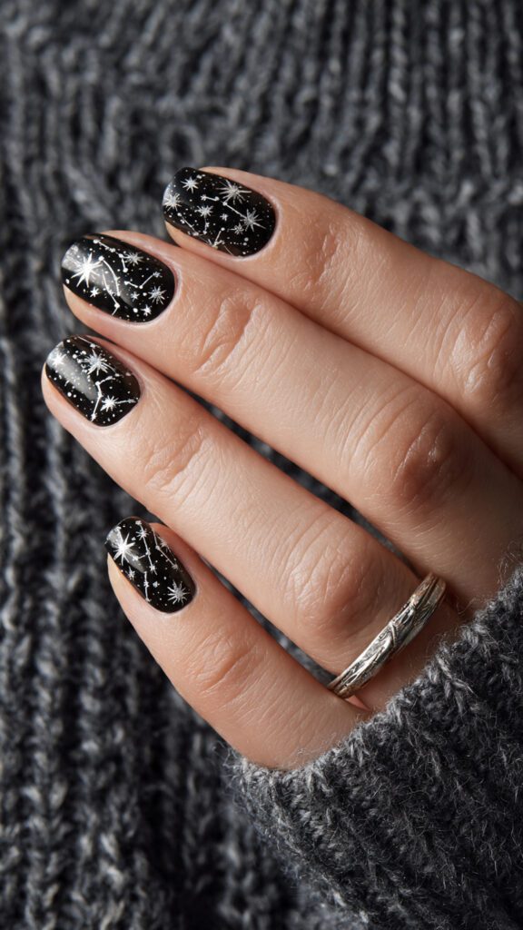 Black Nails with Silver Constellation