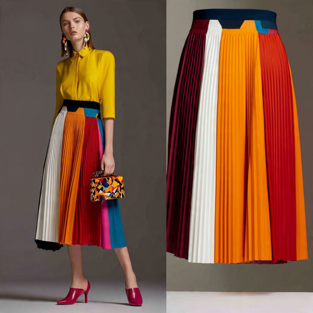 Color-Block or Two-Tone Pleated Skirt