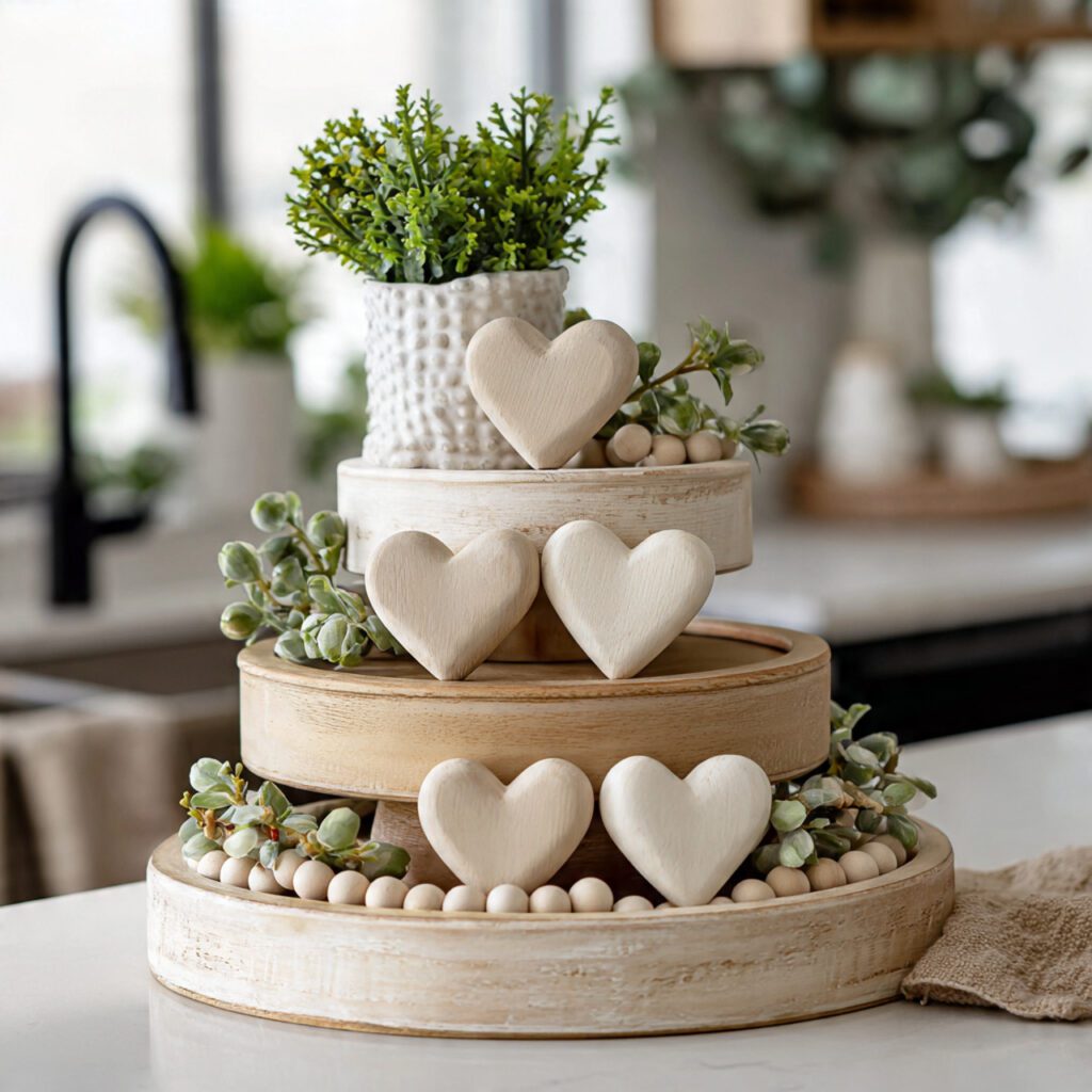 Neutral Valentine&rsquo;s Day Tiered Tray Decor