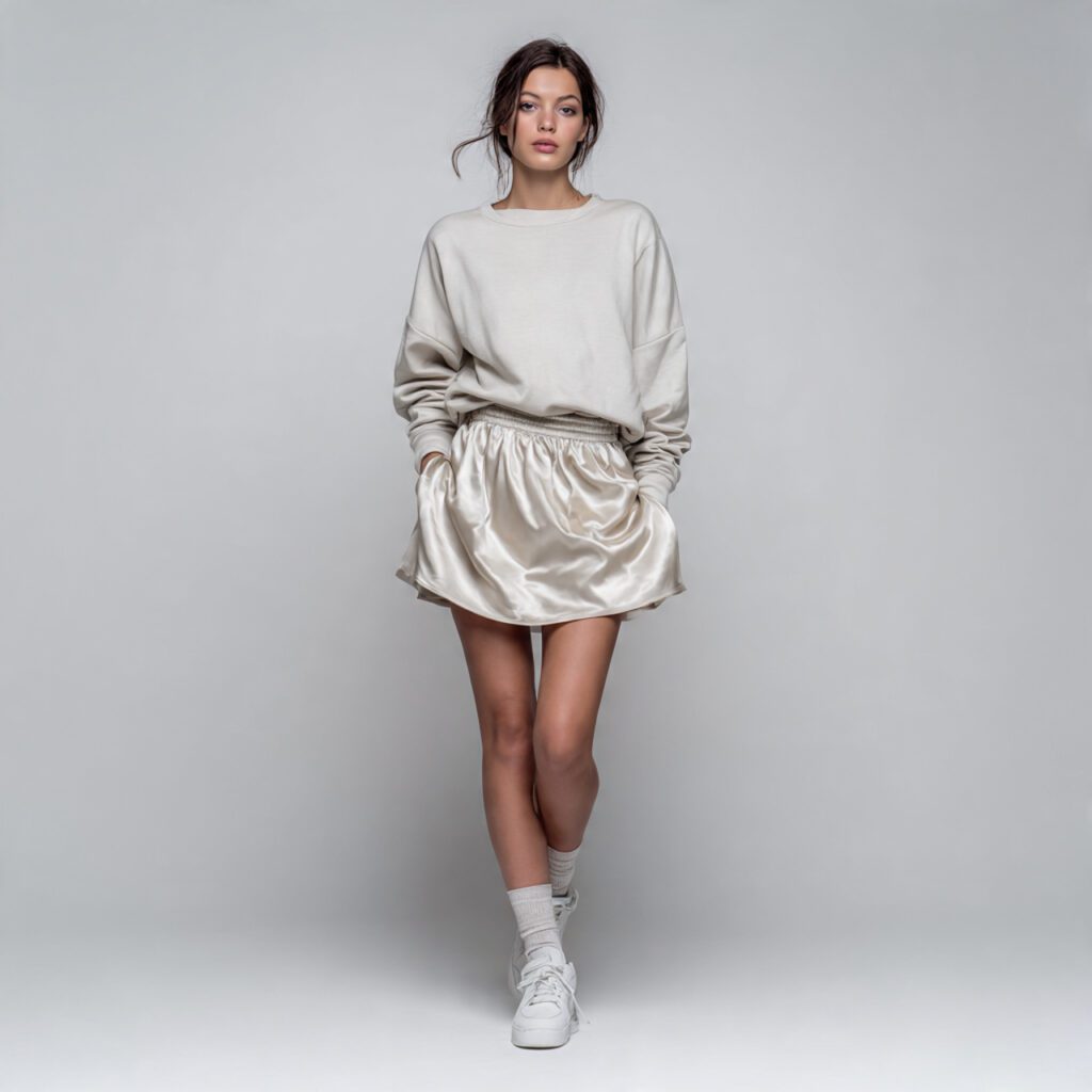 Satin Skirt with Casual Sweatshirt