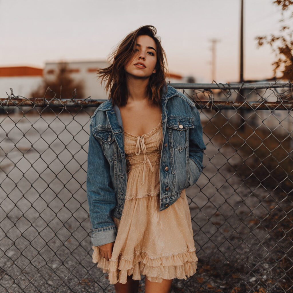 Denim Jacket with Romantic Dress
