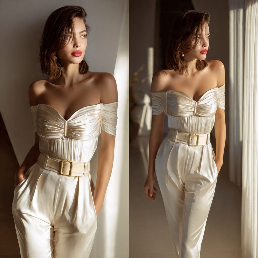 Off-Shoulder Satin Top with High-Waist Pants