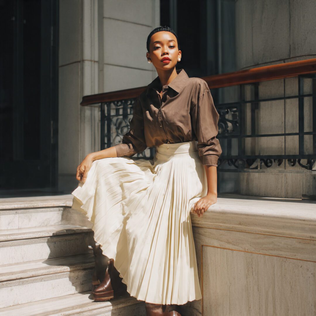 Pleated Skirt with Button-Down Shirt
