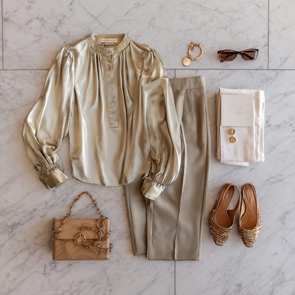 Satin Blouse and High-Waisted Trousers
