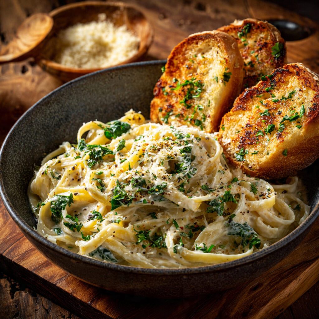 Creamy Pasta with Garlic Bread