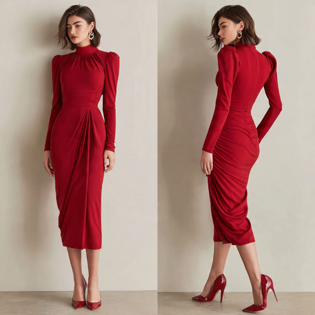 Long-Sleeve Red Midi Dress