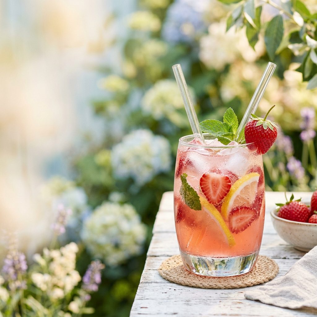 Strawberry Lemonade Cooler
Creamy strawberry frapp&eacute; in tall caf&eacute;-style glass with whipped topping, vibrant pink tones, cozy coffee shop feel.
