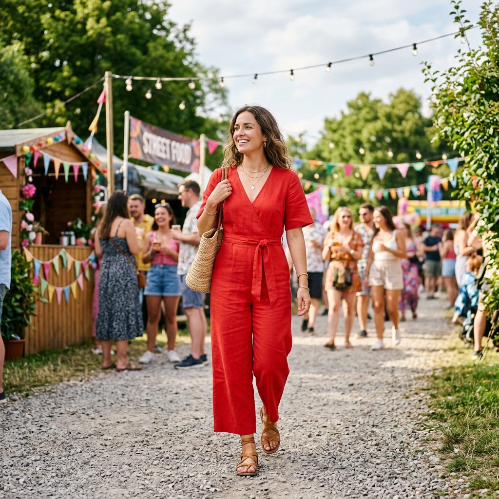 Red Jumpsuit with Sandals