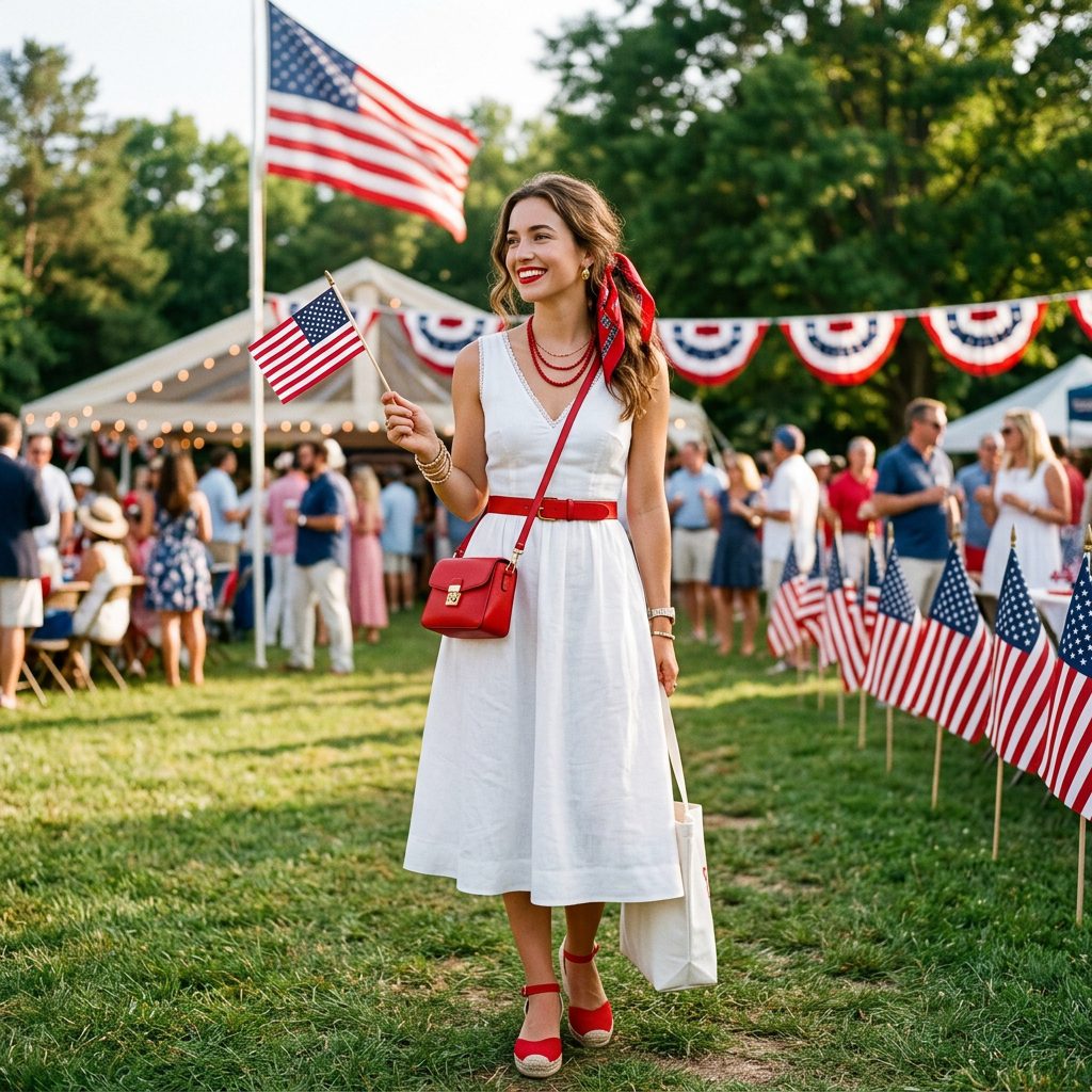 White Dress with Red Accessories