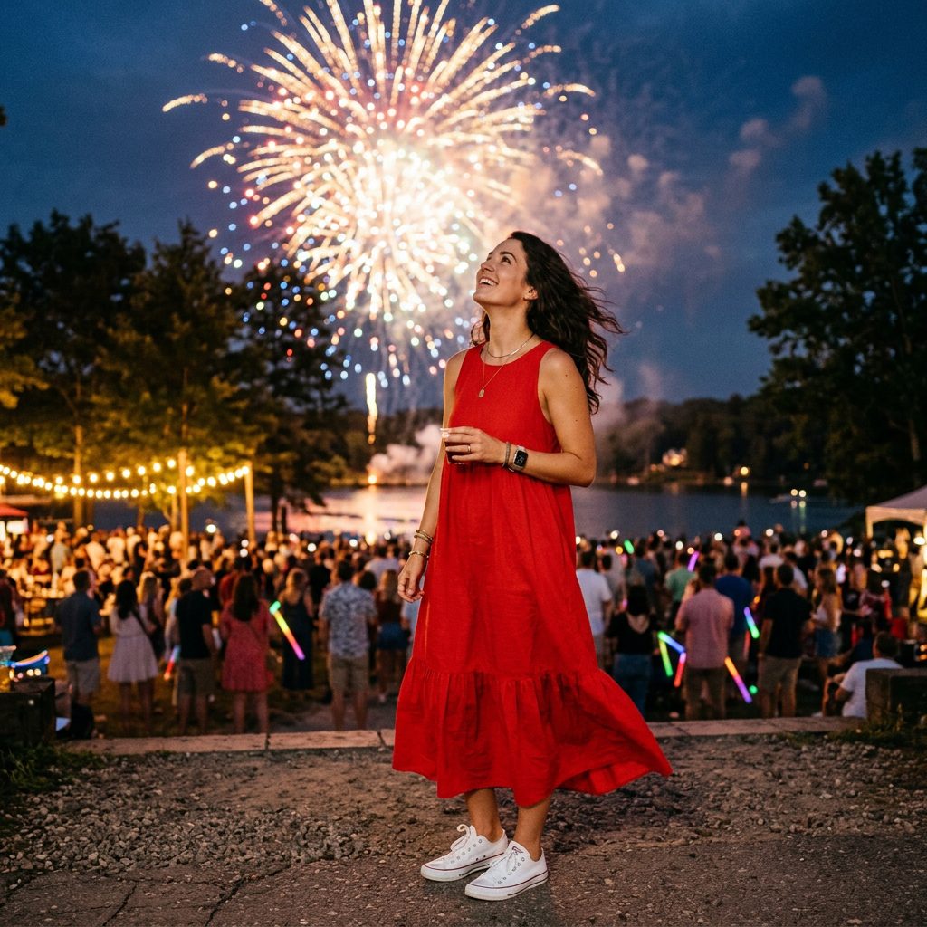 Red Sundress with White Sneakers