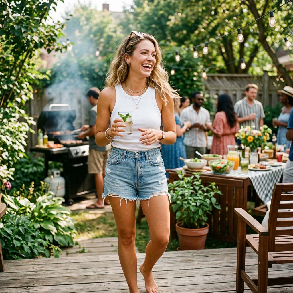 White Tank Top with Denim Shorts