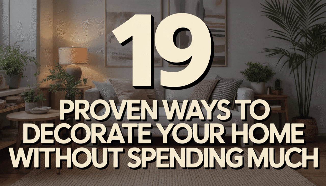 A cozy, budget-friendly home interior with neutral colors, simple furniture, layered textiles, plants, and natural light creating a warm and stylish atmosphere. At the top, a large bold 3D &ldquo;19&rdquo;. Directly under the number, clean modern typography reads &ldquo;Proven Ways to Decorate Your Home Without Spending Much&rdquo; using a high-contrast color combination, placed on a clear light band so the home d&eacute;cor remains fully visible. Landscape 16:9 layout, balanced composition, refined spacing, realistic and high-end home d&eacute;cor aesthetic.